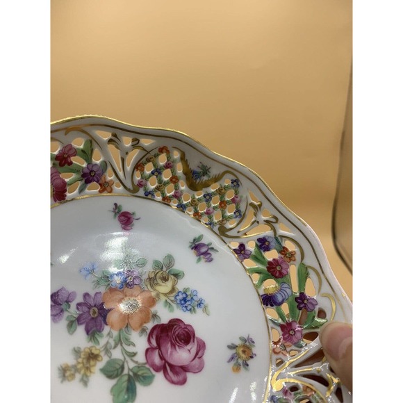 VTG DRESDEN Schumann Porcelain Reticulated Candy/Nut Dish and Bowl Floral Gold - Picture 6 of 13